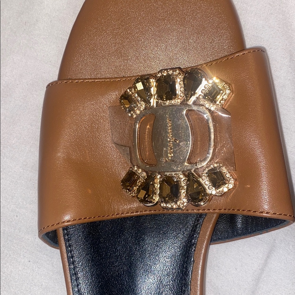 Salvatore Ferragamo Tan Leather Crystal Buckle Slide Mules - Picture 3 of 8